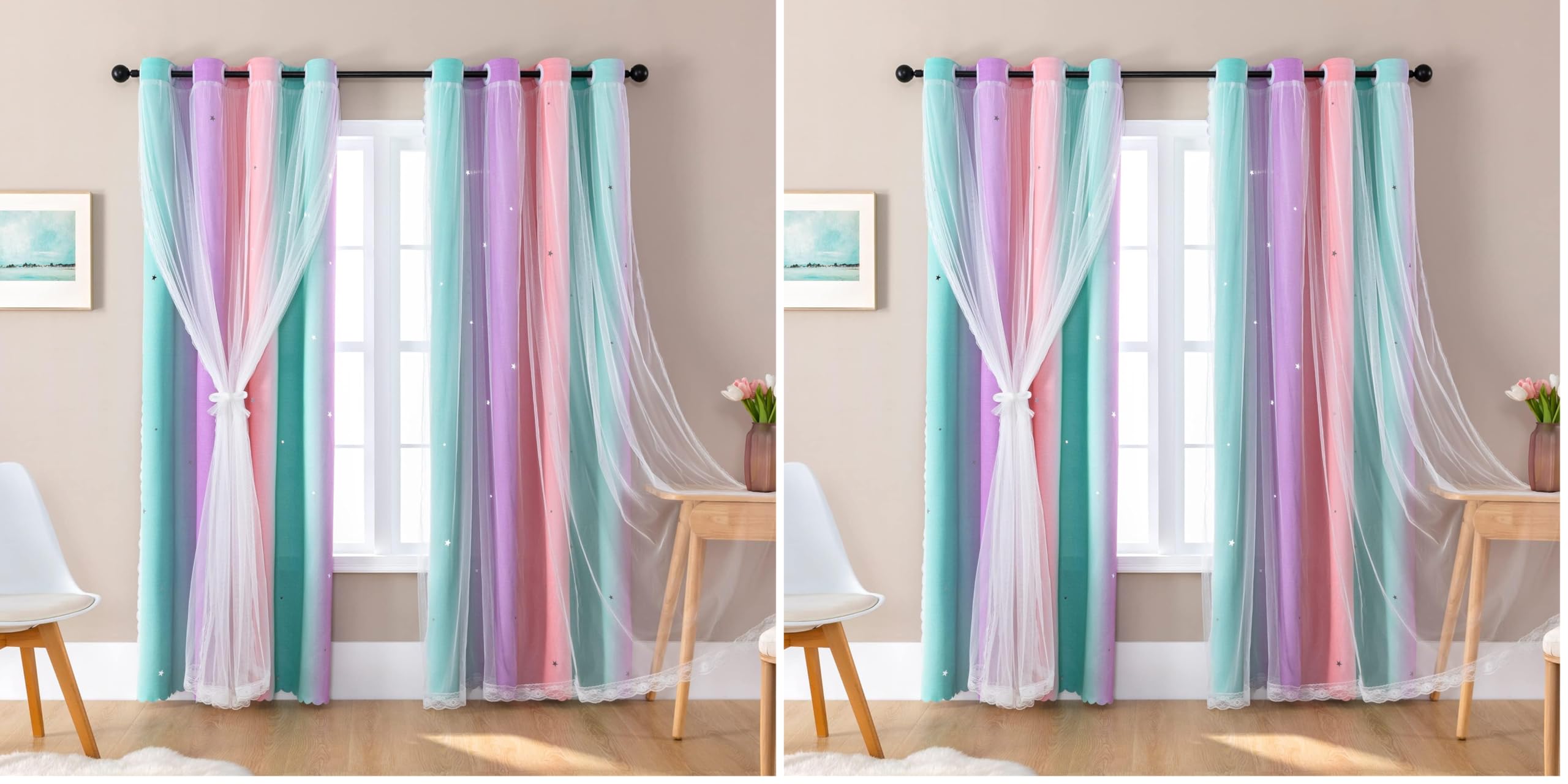 XiDi Curtains for Girls Bedroom Decor, Rainbow Blackout Curtains for Kids/Little Girl Room Decor, Unicorn Wall Decals,Pink Purple Green,63 x 34 inches,1 Panel (Pack of 2)