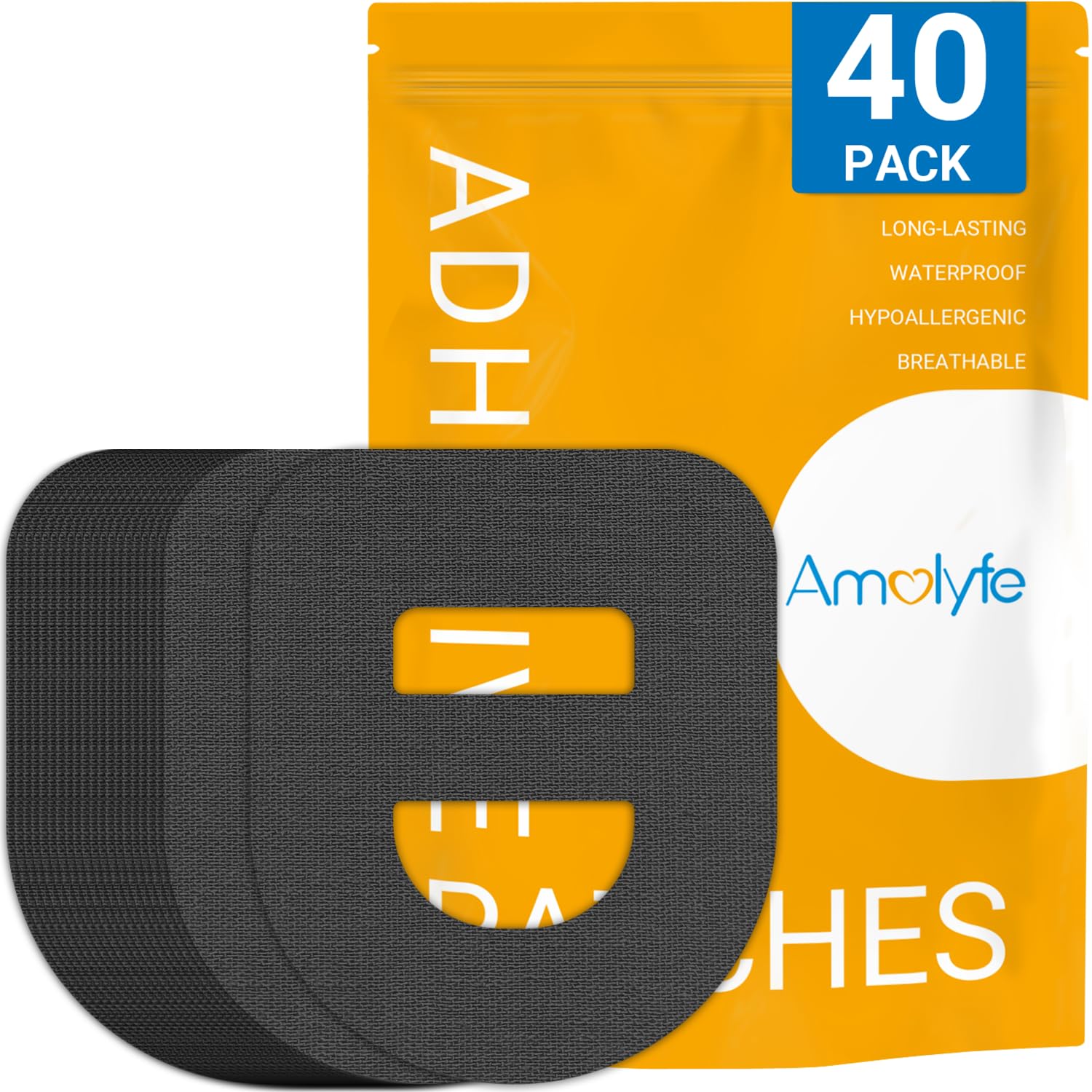 Omnipod 5 Adhesive Patches Waterproof, 40 Pack Amolyfe Omnipod Overpatches with Stretchable Strap, Optimized Split Backing for Easy Use, Breathable, Medical Adhesive (Black)