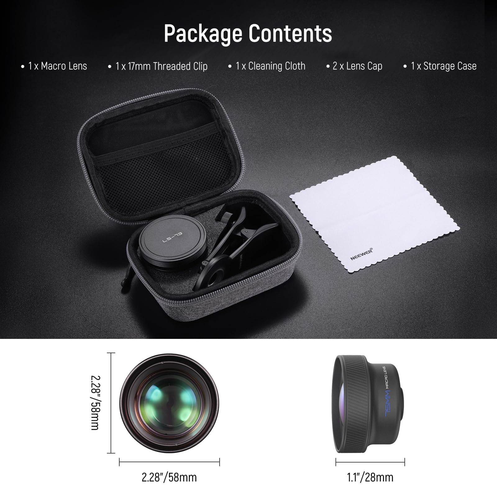 NEEWER Obiektyw aparatu makro 75 mm z gwintem 17 mm, powiększenie 3x, 5 elementów w 5 grupach do tylnej płyty, klatki na telefon, etui kompatybilne z iPhone Samsung Android, LS-73