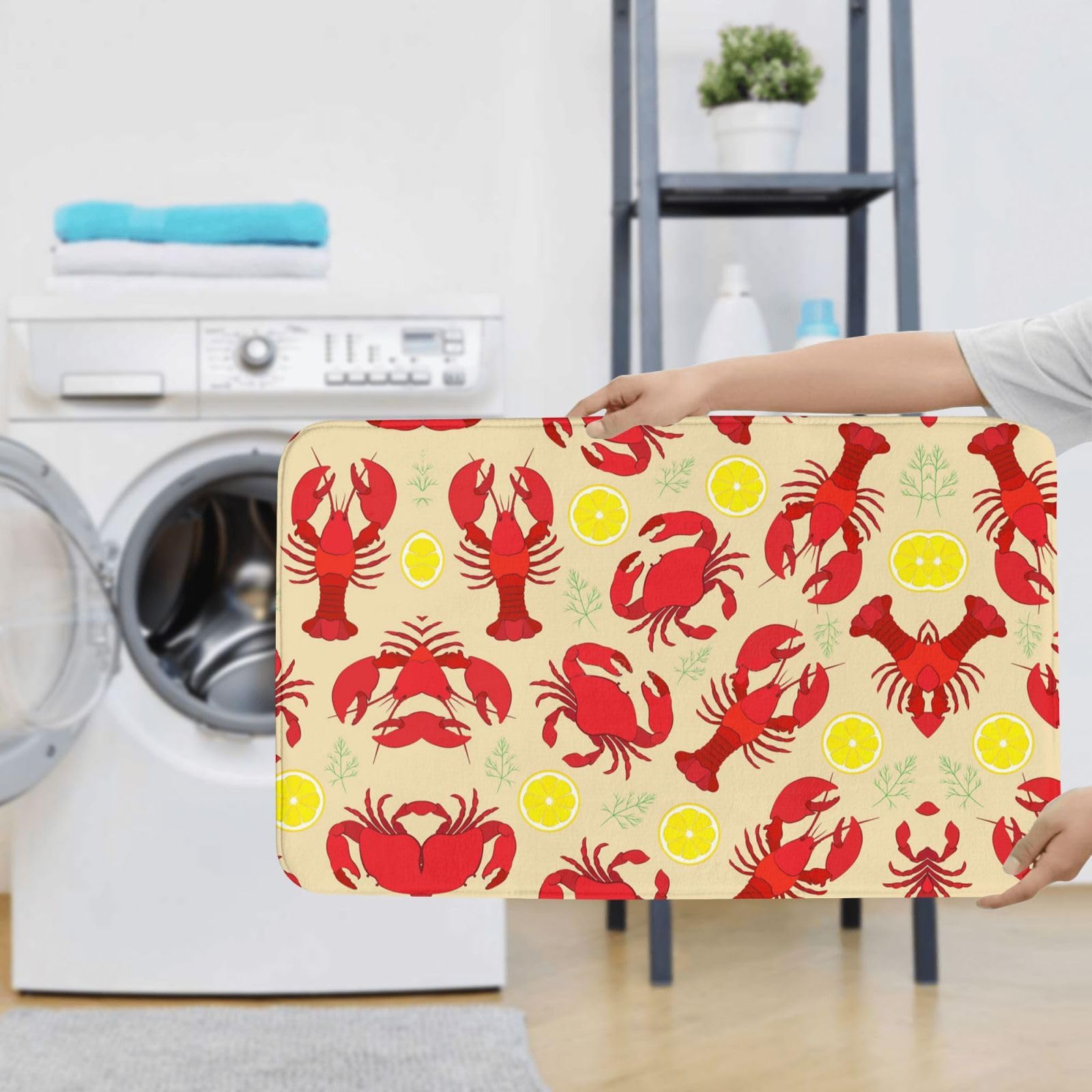 Set di 3 tappetini da bagno con motivo aragosta e granchio, in flanella, morbida, antiscivolo, con coperchio, per decorare la casa