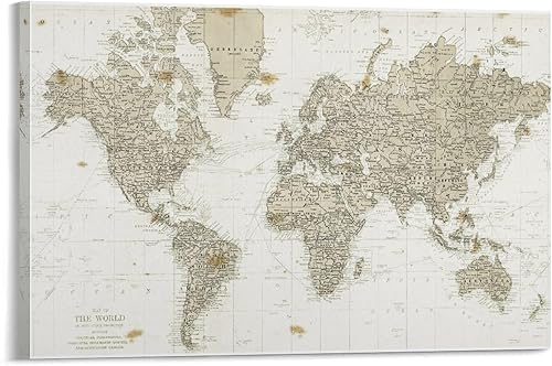 IkiCk Mapa del mundo vintage (inglés) Decoración de pared vintage pinturas al óleo famosas para sala de estar, ilustraciones clásicas, decoración