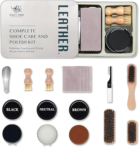 SALTY FISH Kit de 13 esmaltes de zapatos, kit de abrillantador de zapatos de cuero para cuidado y limpieza de zapatos, con estuche de metal, 3