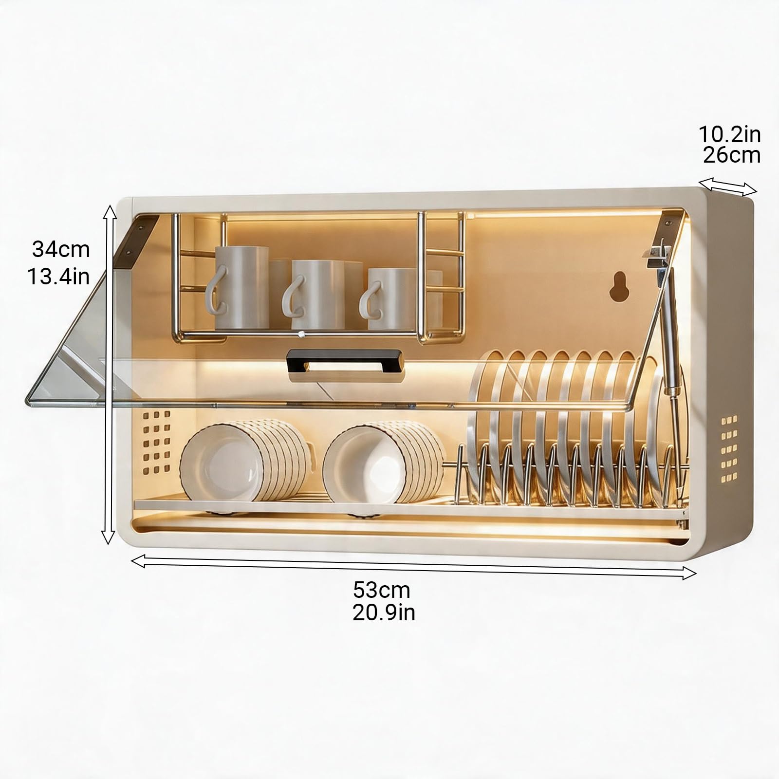 Mobiletto a Muro in Acciaio Inox - Scolapiatti con Anta in Vetro Ribaltabile - Mobiletto da Cucina a Parete - Organizzatore di Piatti a 2 Livelli con Vassoio di scolo per Piccoli appartament