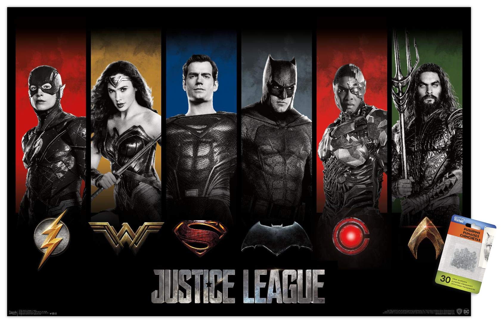 Trends International DC Comics Movie - Justice League - Heroes and Logos Wall Poster with Push Pins