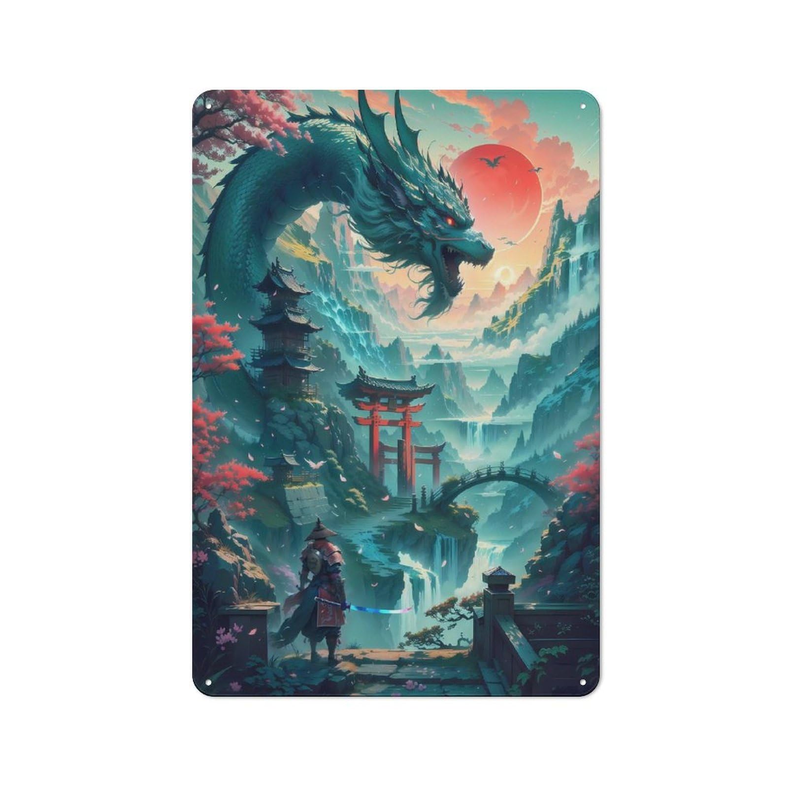 Dragon Warrior Landscape Printed Tin Plaque, Home Decor Sign for Living Room, Kitchen, Hallway Or Home Bar, Christmas Gift for Friends And Family, 30x20cm