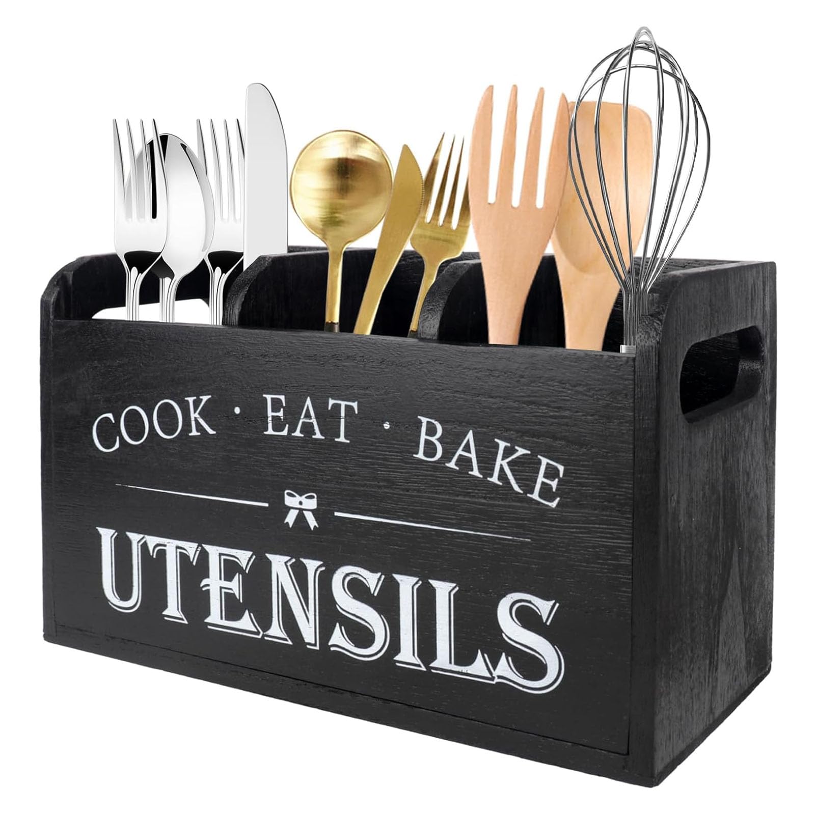 Portautensili da cucina con 3 Scomparti & Fori Drenaggio, Organizer Utensili Legno Porta Mestoli, Scatola Immagazzinaggio Stoviglie Organizzatore Posate per Tavoli, Piani Lavoro, Bacchette, Forchette