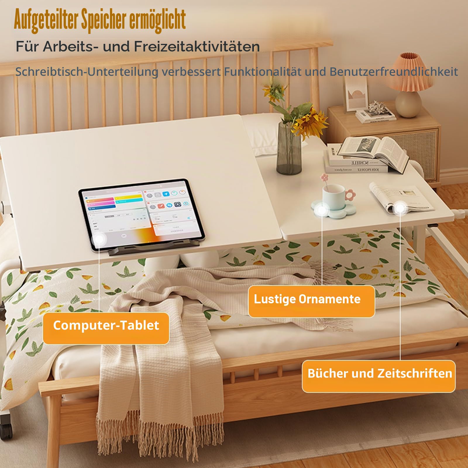 Überbetttisch Mit Rollen, Betttisch Verstellbarer Höhe Länge Mobiler Schreibtisch Über-Betttisch Beistelltische Fürs Wohnzimmer Drehbarer Laptopständer Für Bett Sofa Büro 120 * 40CM Weiß
