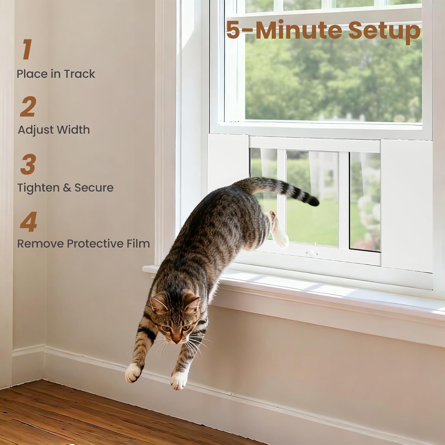 MOPHOTO Cat Door for Window, Adjustable Width of 34.65"–46.46" Window Cat Door, Weatherproof Aluminum Pet Door with Locking for Most Window