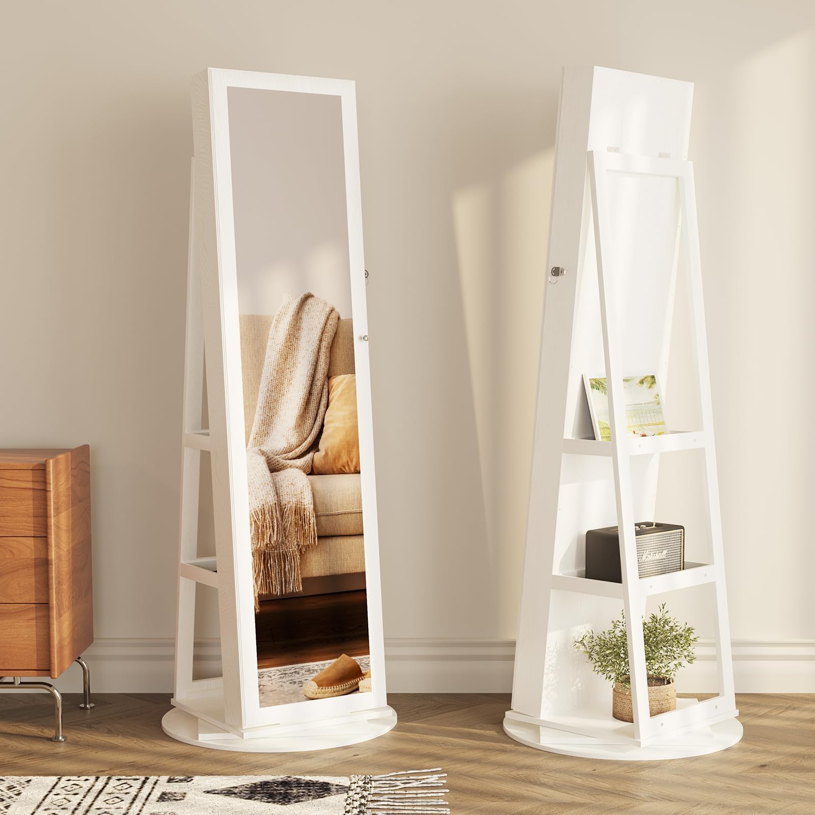 Dripex Armadietto per gioielli con specchio, specchio in piedi, con specchio e specchio interno, organizer per gioielli con ripiani 3 in 1, girevole a 360°, richiudibile, bianco