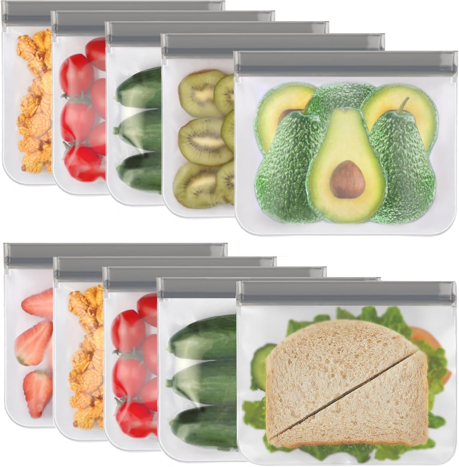 Lerine Reusable Sandwich Bags Dishwasher Safe,9 Pack Extra Thick Leak-proof Quart Bags Silicone for Marinate Meats, Cereal, Sandwich, Travel Items, Home Organization(Grey)