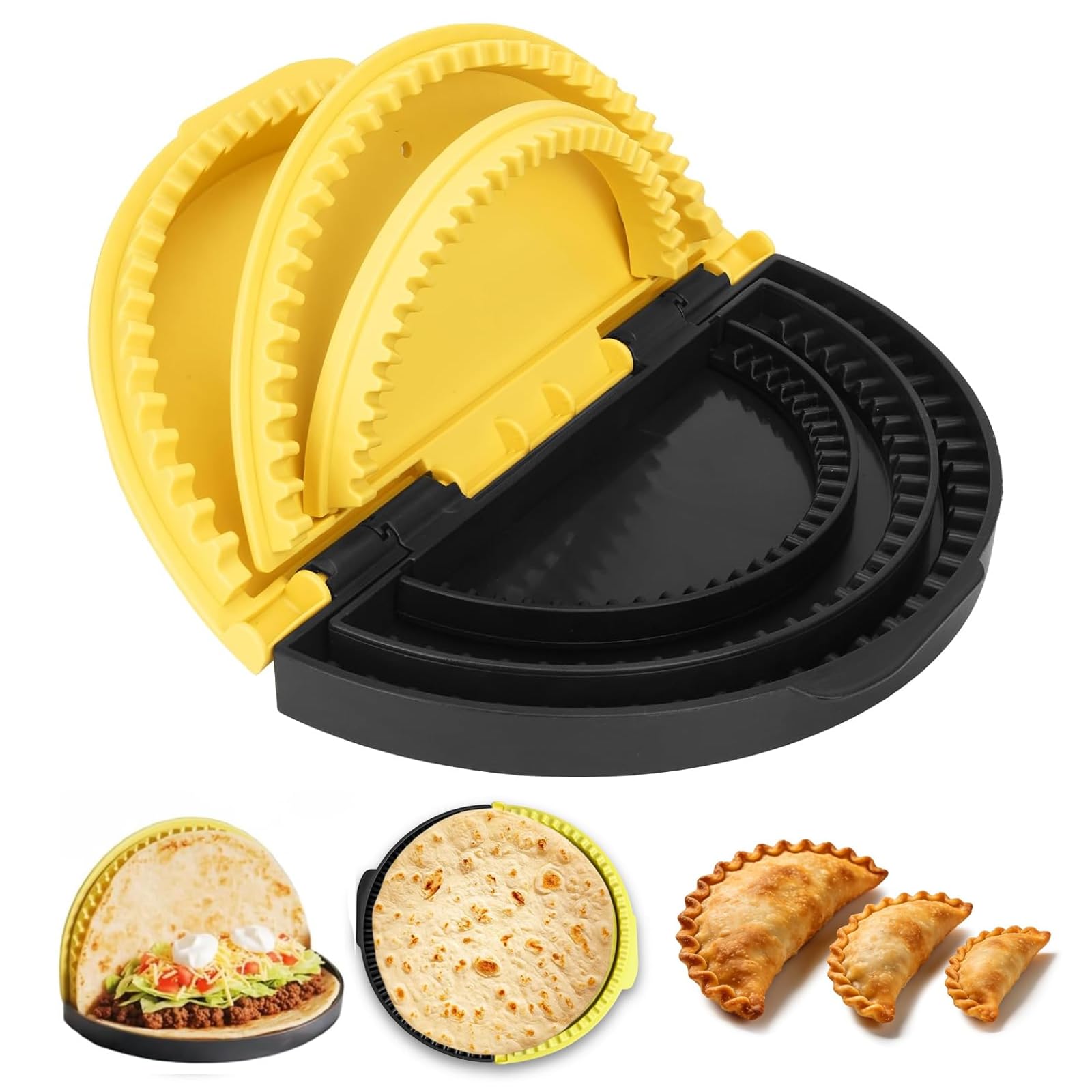 Sellador de Tortilla 3 en 1, 15,2-20,3-25,4cm Desmontable Maquina de Hacer Tortillas, Crimpadora para Envolturas, para Tostadas, Sandwichera, Bola de Masa Hervida, Burritos (Negro y Amarillo)