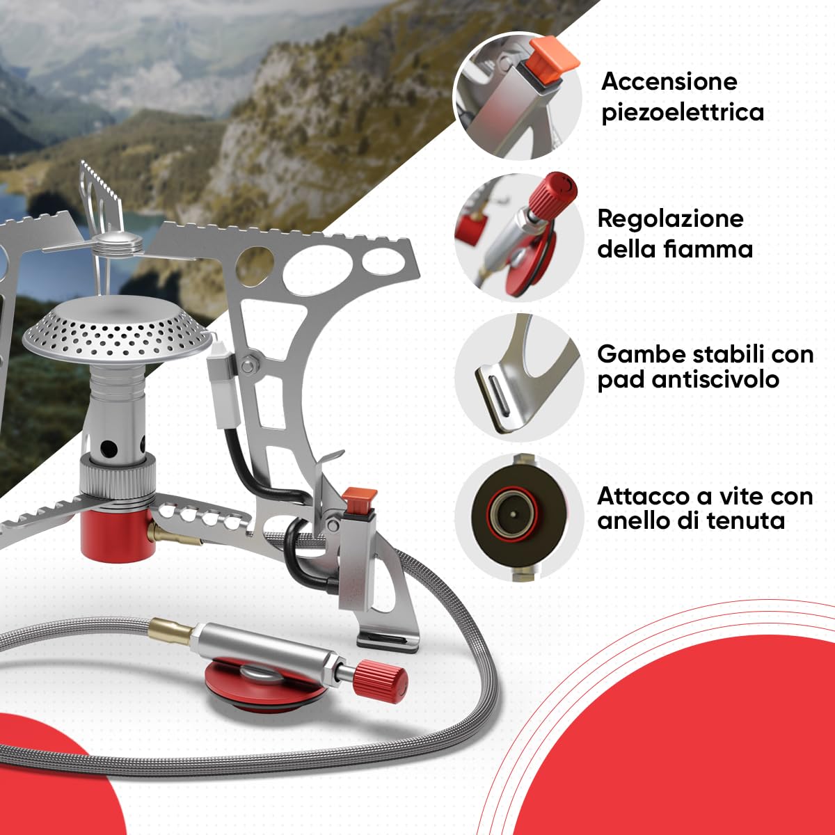 EVOCAMP fornello da campeggio compatto 3,2 kW con accensione piezoelettrica, fornello da campeggio, mini-fornello a gas - ideale per campeggio, pesca e attività all'aperto