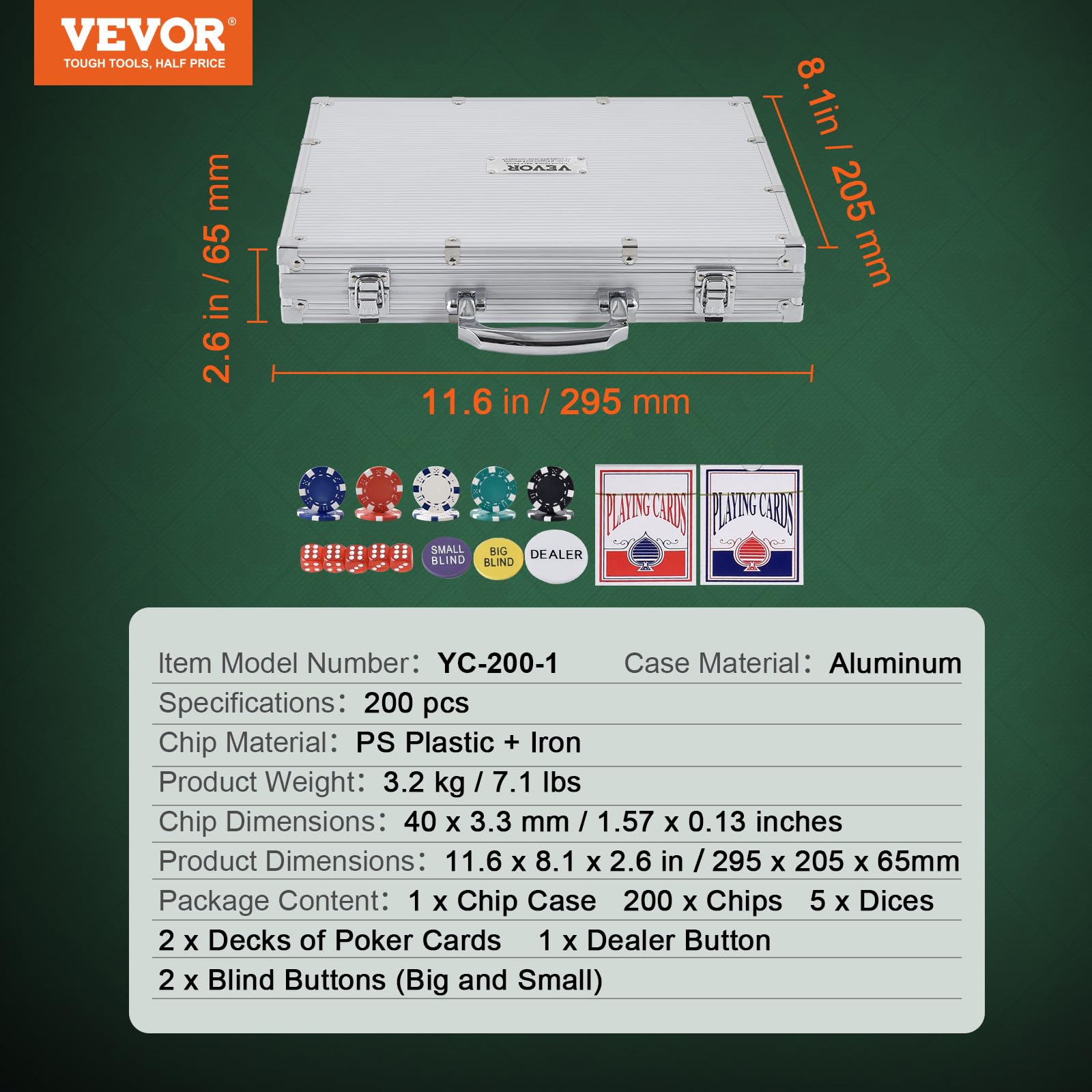 VEVOR Kunststoff Pokerchip-Set, 200-teiliges Pokerset Ungekennzeichnet, Pokerspielset mit Alu-Pokerkoffer, Karten, Knöpfe und Würfel, Komplett Set 6-7 Spieler für Texas Hold'em, Blackjack usw.