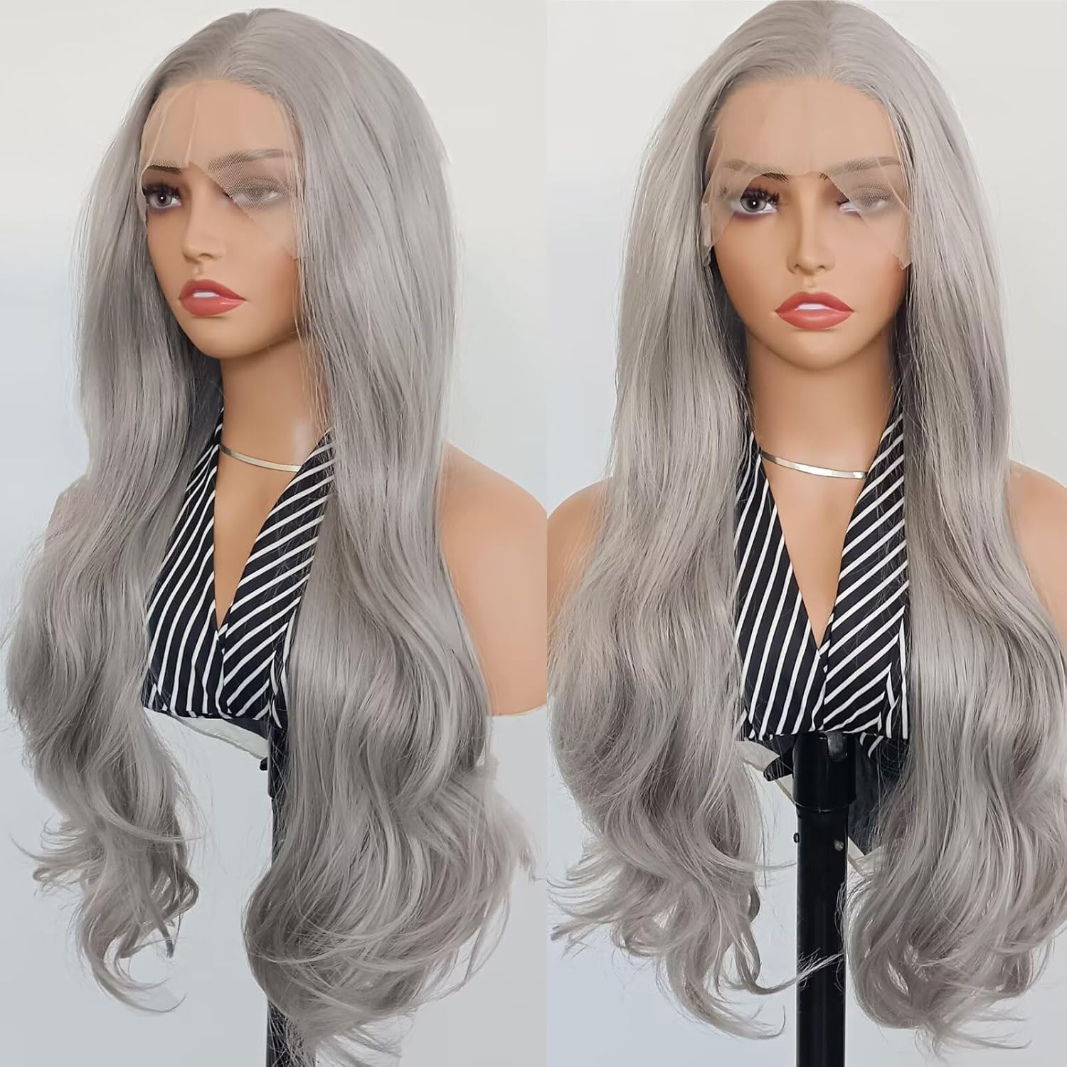 RONGDUOYI 24Inch Long Gray Wig For Women With Natural Wave Heat Resistant 13×4 Lace Front Synthetic Natural Hairline Free Part Hair For Halloween Cosplay Daily Party RONGDUOYI 24Inch Long Gray Wig For Women With Natural Wave Heat Resistant 13×4 Lace Front Synthetic Natural Hairline Free Part Hair For Halloween Cosplay Daily Party