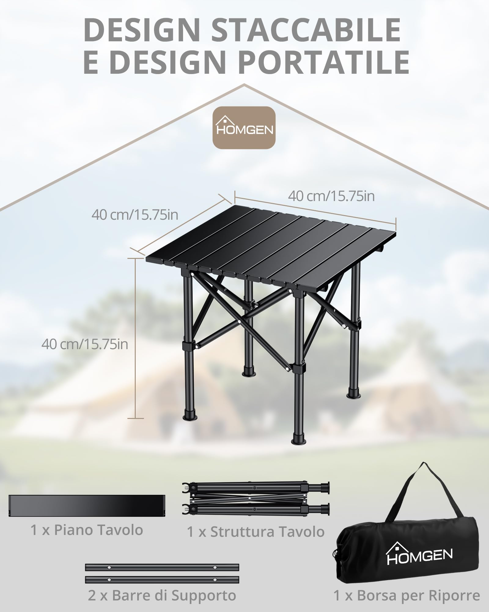 HOMGEN Tavolino Pieghevole da Campeggio in Acciaio Carbonio 40x40x40cm, Stabile Anti-Shake, Montaggio in 3 Passaggi, Ultraleggero 1.7kg, Portatile per Spiaggia Balcone Picnic con Borsa di Stoccaggio