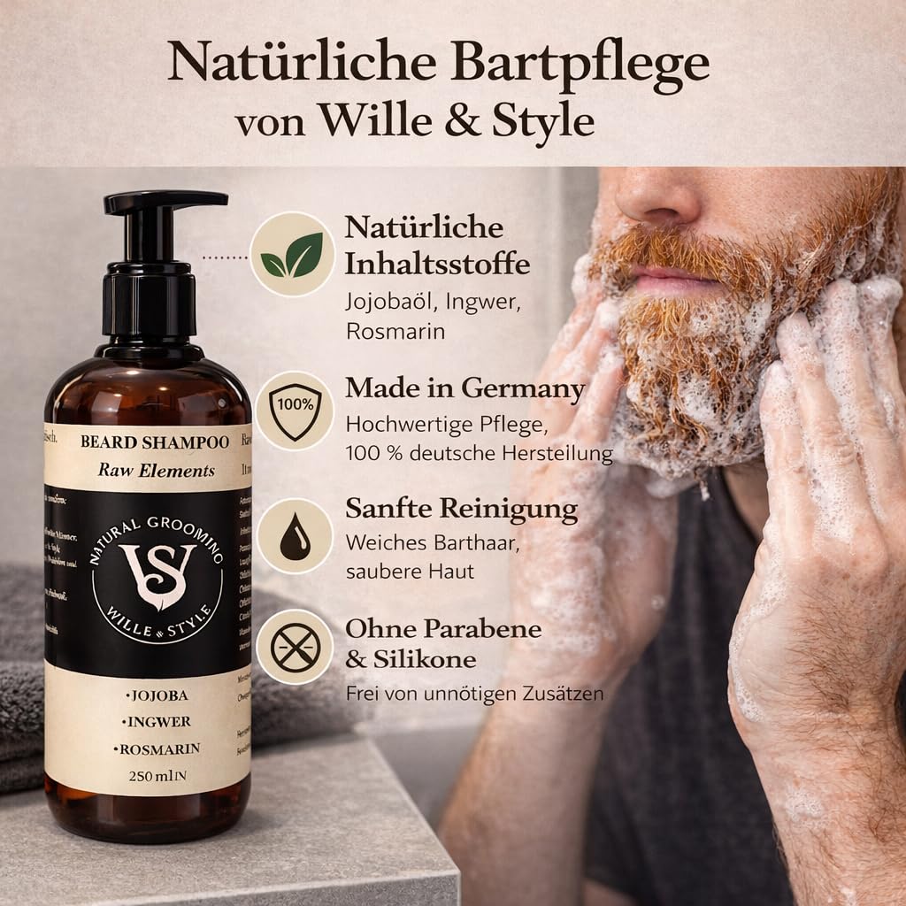 Bartpflege Set für Männer - Wille & Style Beard Bundle - Bartöl 50 ml & Bartshampoo 250 ml & Bartbürste mit Wildschweinborsten - Tägliche Pflege & Reinigung - Geschenkset