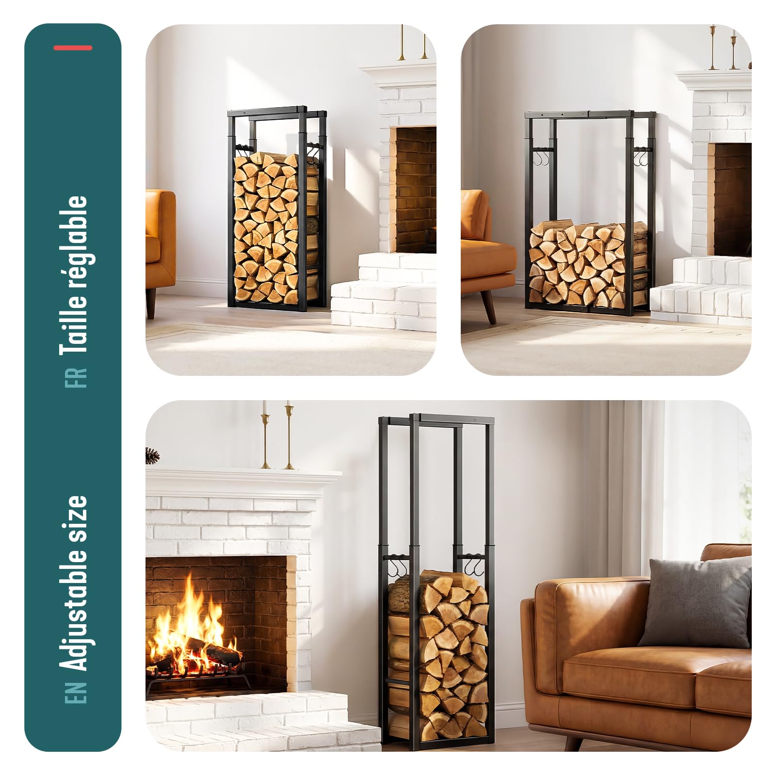 VOUNOT® Soporte de Madera, Estante de Registro de Chimenea, Leñera Registro de Leña, Soporte de Almacenamiento de Madera para Interiores y Exterior, Negro