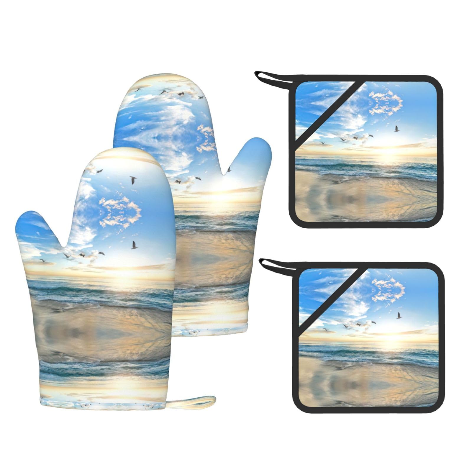 ocean Sunset Trendy Printed Kitchen Set with Heat Resistant Gloves & Non-Slip Hot Pads for Baking & Grilling