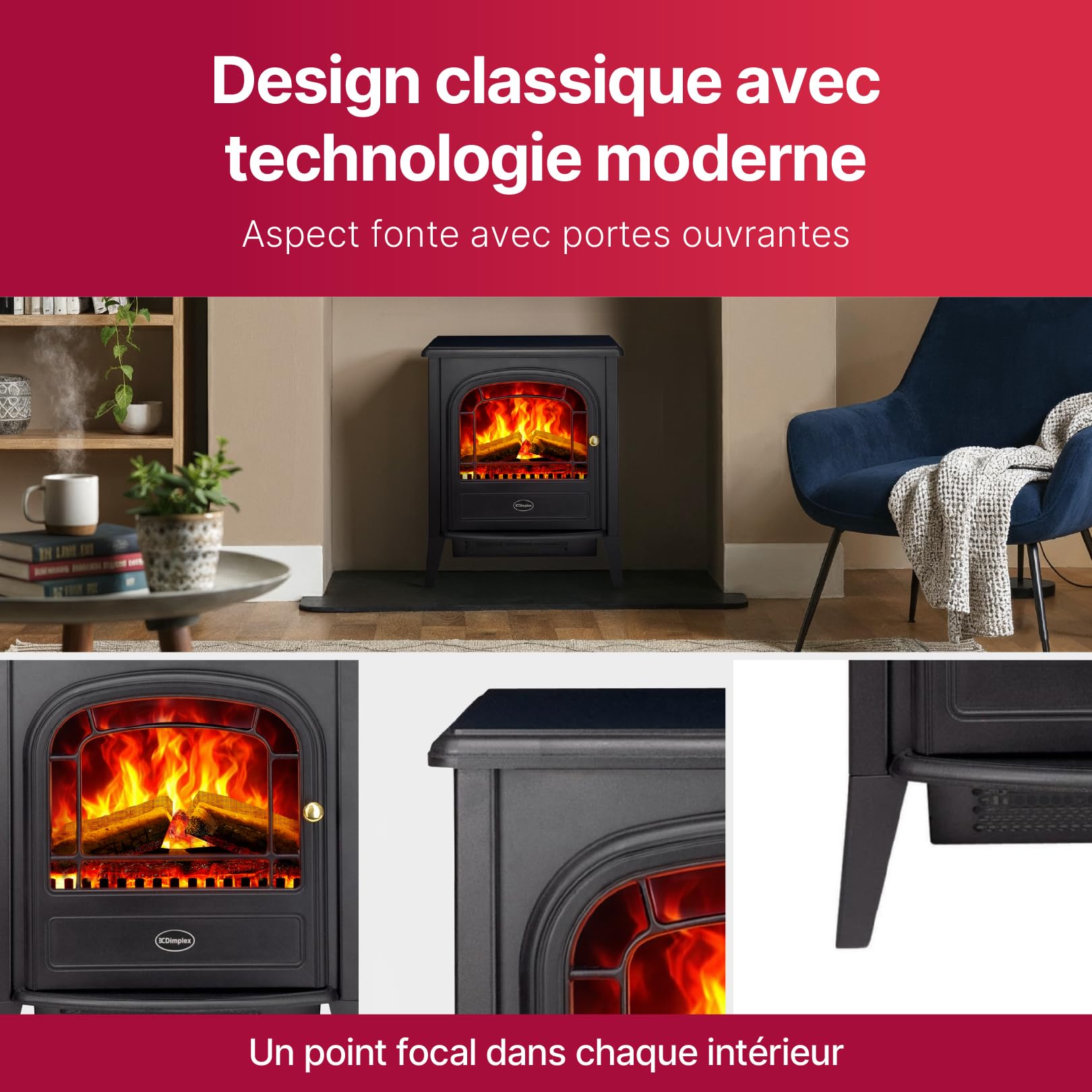 Dimplex Club Cheminée Électrique Autoportant Cheminee Electrique Effet Flamme LED Optiflame avec Lit de Bûches Chauffage 2 KW Activable Télécommande Incluse
