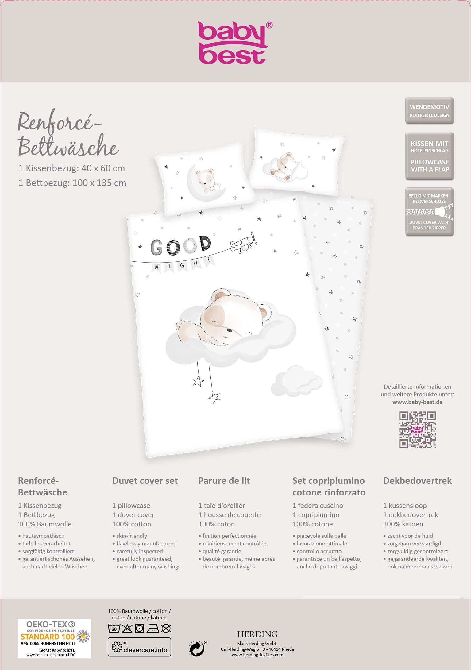 Herding Parure de Lit Réversible pour Enfants, Petit Ours Endormi, Housse de Couette 100x135 cm, Taie d'Oreiller 40x60 cm, Coton/Renforcé, Blanc