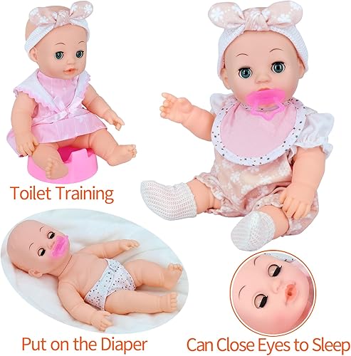 Miniatura 6 de Juego de muñeca de bebé de 12 pulgadas con 4 trajes, colgador de ropa, manta para envolver, babero, pañal, chupete, biberón, mochila y accesorios.