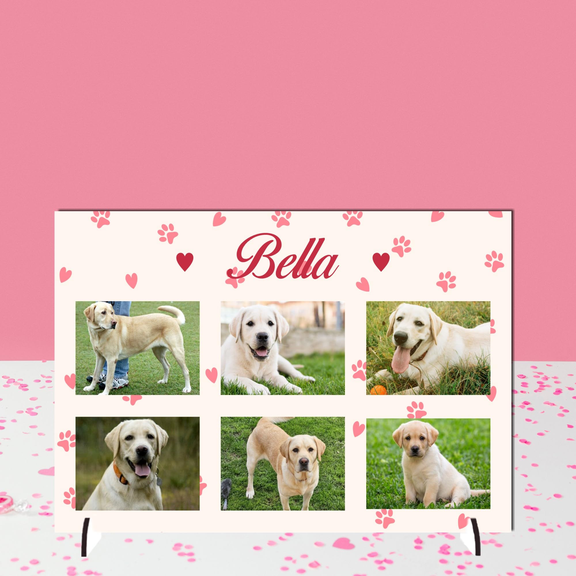 Pixie's Gifts Personalised Pet Photo Plaque on Stand - Custom Gift for Dogs or Cats - Available in 4 Designs, 3mm MDF and Acrylic (Pink, Mdf Wood A4 30cm x 21cm)