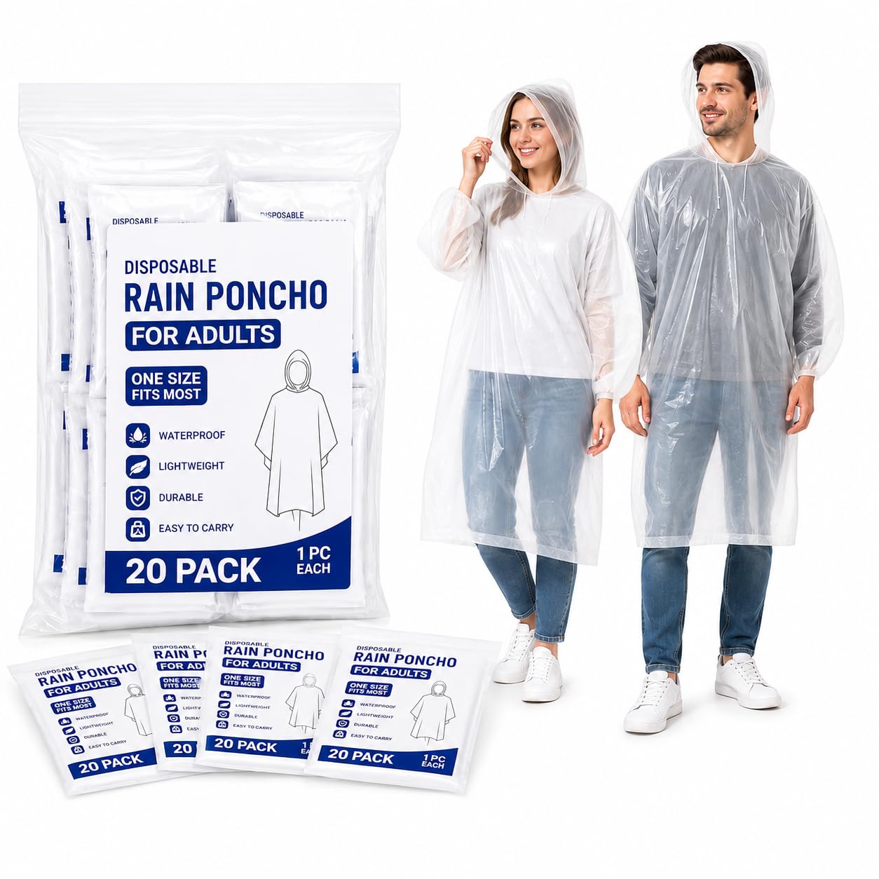 Juvale Lot de 20 ponchos de pluie jetables avec capuche Transparent