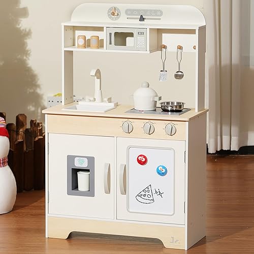 Miniatura 8 de SainSmart Jr. Juego de cocina de madera para niños, juego de cocina premium para niños pequeños, incluye estufa, refrigerador y accesorios para