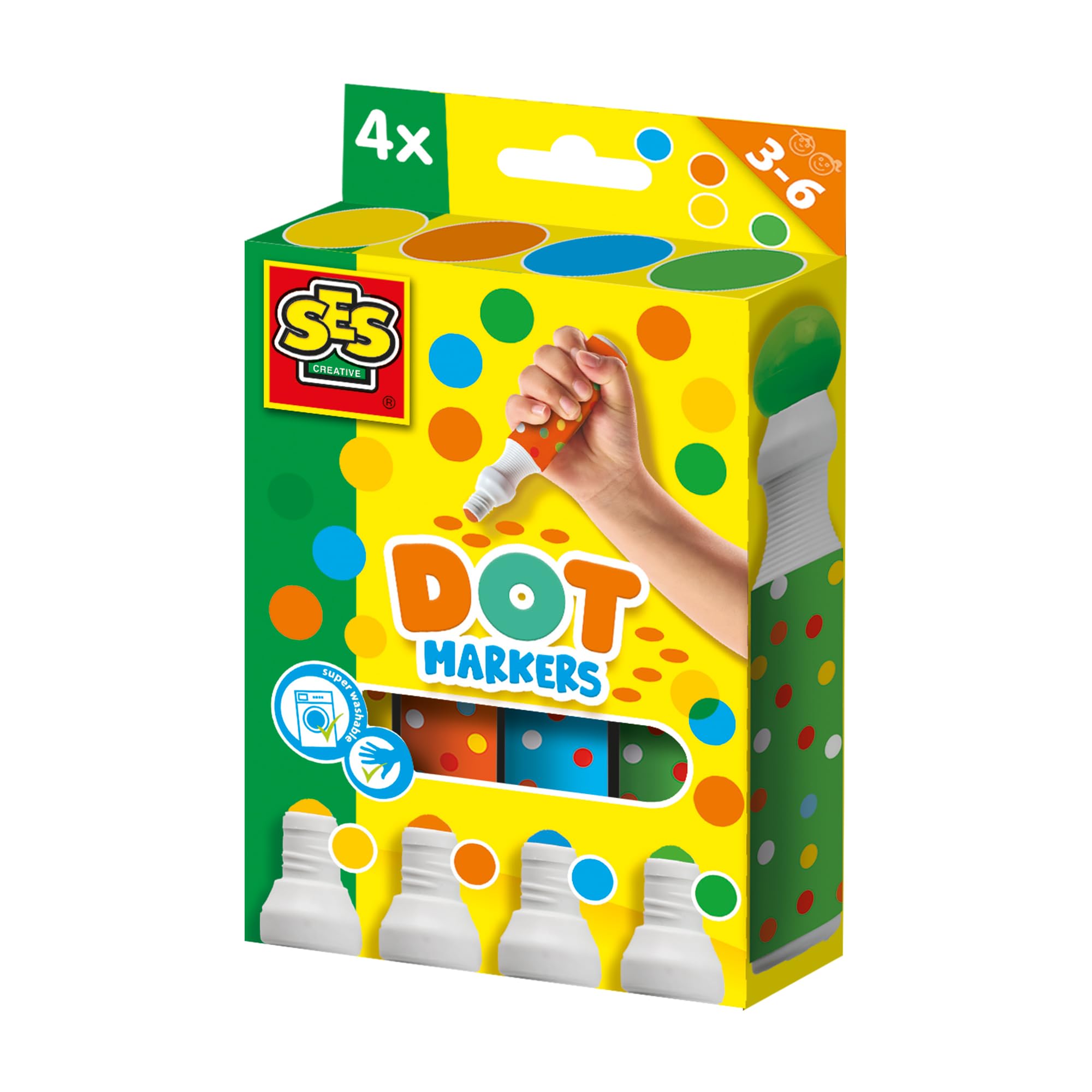 SES Creative 14600 Dot Markers for Kids - Create Dot Art - 4 XXL Dot Markers in Yellow, Orange, Blue, and Green - Washable and Easy to Grip - Fun Activity for Kids Aged 3+