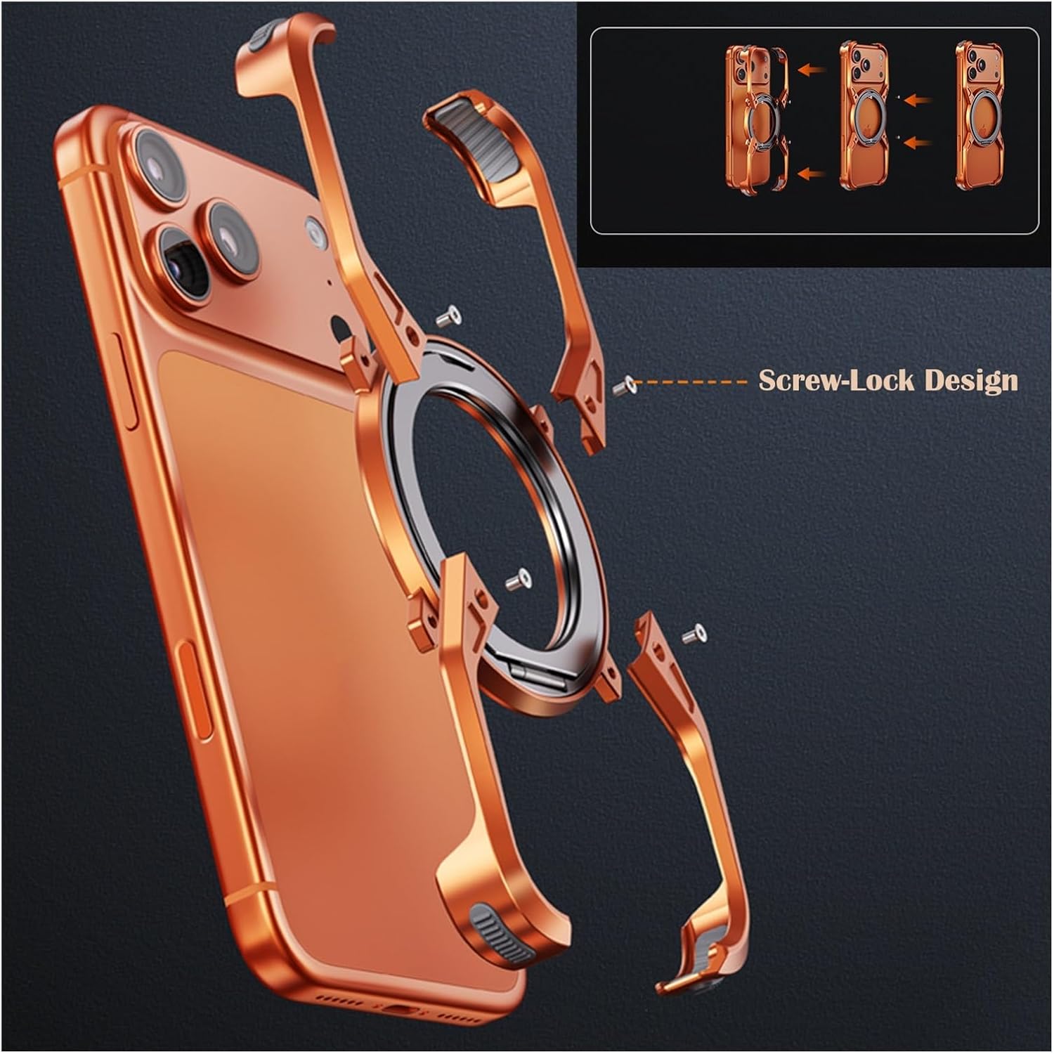 Frameless Metal Case for iPhone 17 Pro/17 Pro Max, Shockproof Aluminum Bumper with 360° Rotating Kickstand, X-Frame Gear Design & Corner Protection, Lightweight(Gray,17 ProMax)