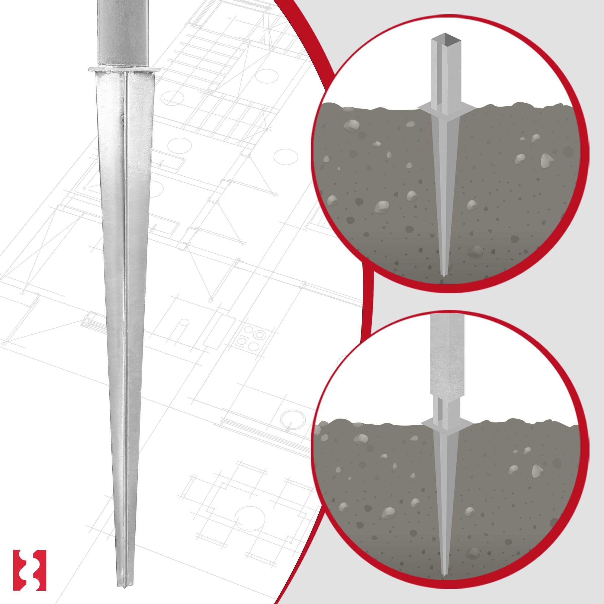KOTARBAU® 4 Piezas Soporte para Clavar en Tierra - Acero Galvanizado - 60x40 cm - Plata - Piqueta para Poste - para Valla Metálica - Soporte Poste con Punta - Resistente A La Corrosión