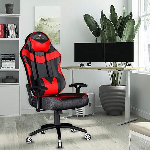 ASE GAMING Infinity Series Ergonomic Gaming Chair Premium PU Leather, Adjustable Neck & Lumbar Pillow, 180 Degree Recline with Black Metal Base (Red)