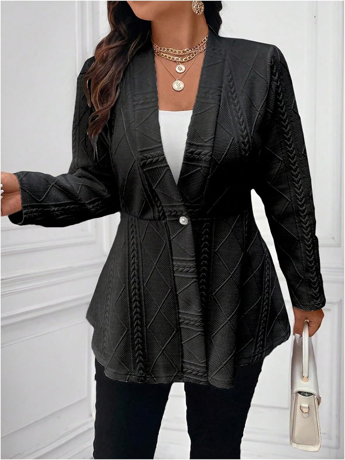 Milumia Women's Plus Size Textured Button Down Blazer V Neck Ruffle Hem Jacket - Image 3
