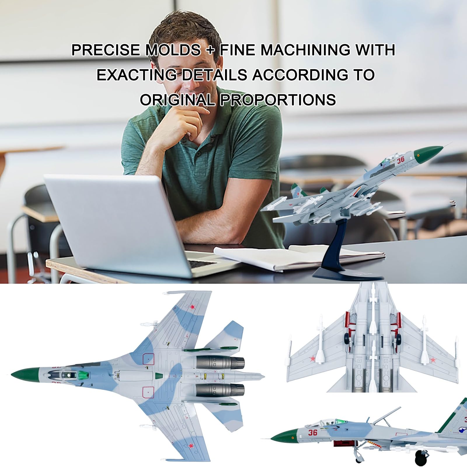 Caccia russo SU-27 in scala 1:100, modello aereo caccia militare lega pressofusa, aereo preassemblato collezione con espositore, decorazione realistica for desktop, for adulti, appassionati