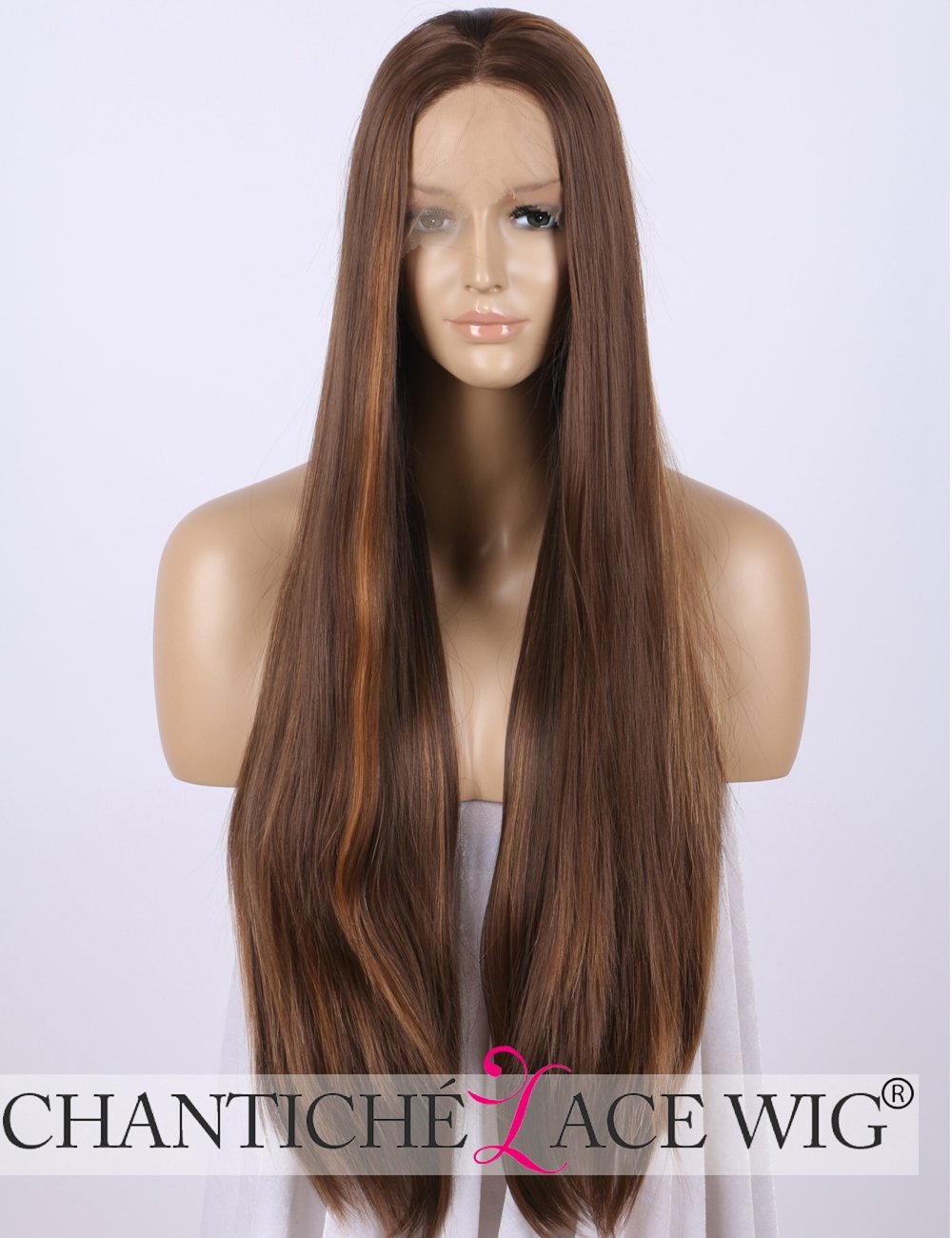 Chantiche Realistic Long Brown Wigs with Highlights Straight Synthetic Lace Front Wig for Women 24 Inches