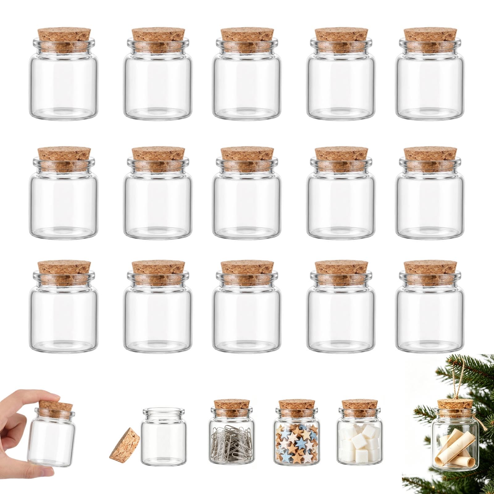CAAGGMM Small Glass Jars with Cork Stoppers, 15 Pcs 45 x 50 mm Clear Glass Bottles, 50 ml Mini Glass Bottles, Message Bottle, for DIY Arts Crafts Decoration, Weddings Favors Accessories, Transparent