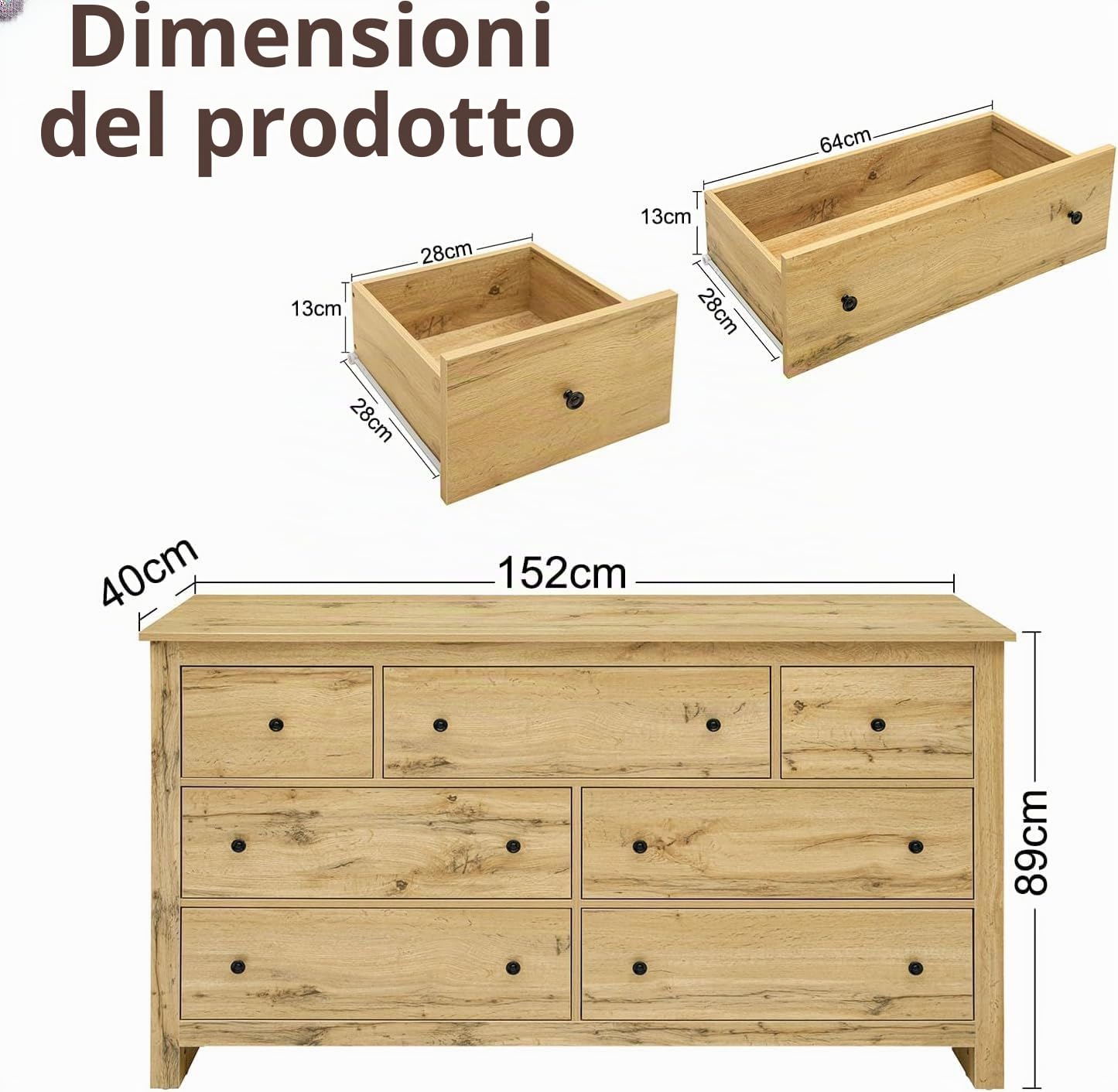 Cassettiera Di Legno, Cassettiera 7 Cassetti 152x40x89cm, Comó Camera Da Letto, Mobile Con Cassetti per Soggiorno, Cucina