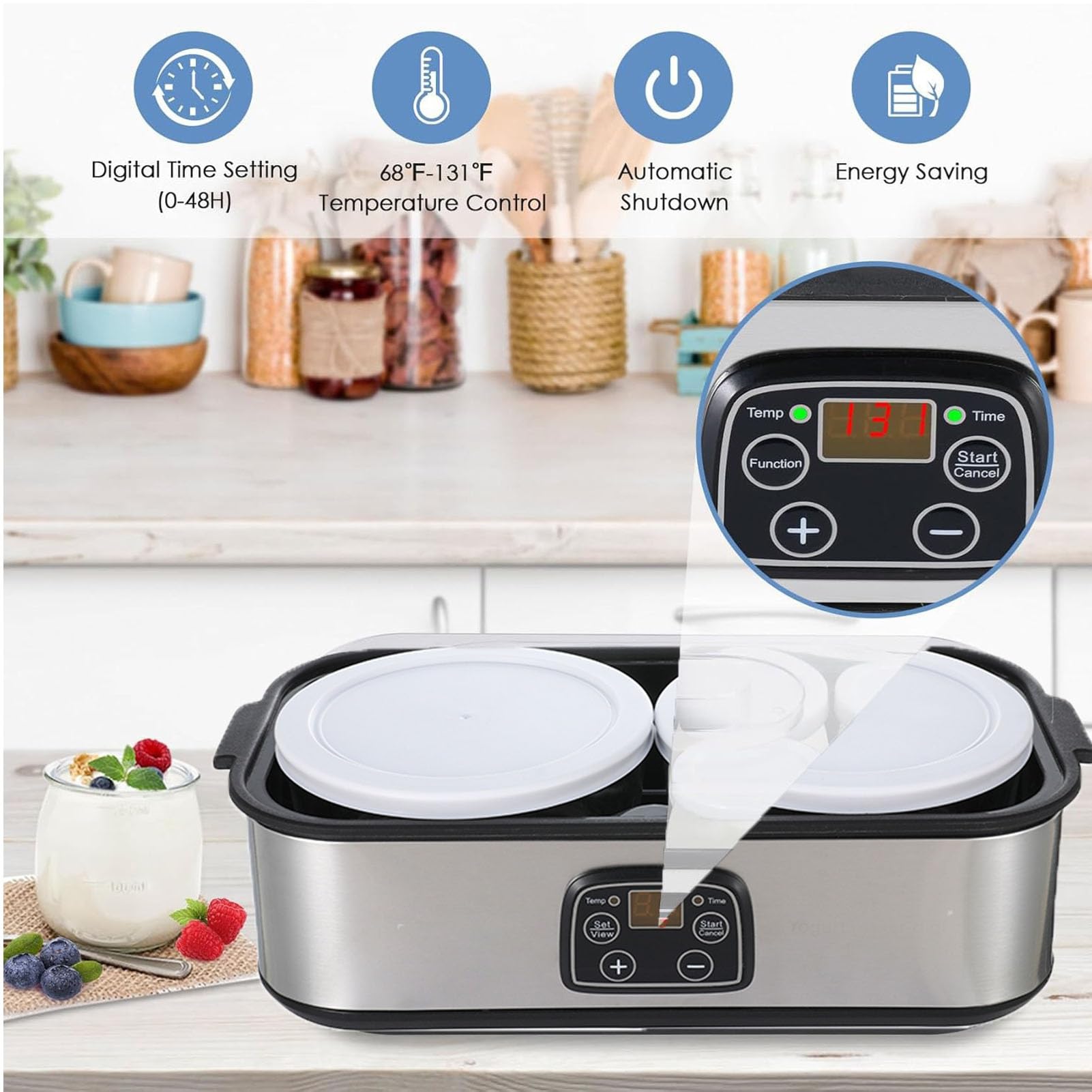Fabricante de Yogurt, 2L Automático de Yogur Digital Maquinem Maquinem Incubadora de Yogurt Casero con Frascos de Vidrio, Temperatura y Control de Tiempo Ajustable (EU)