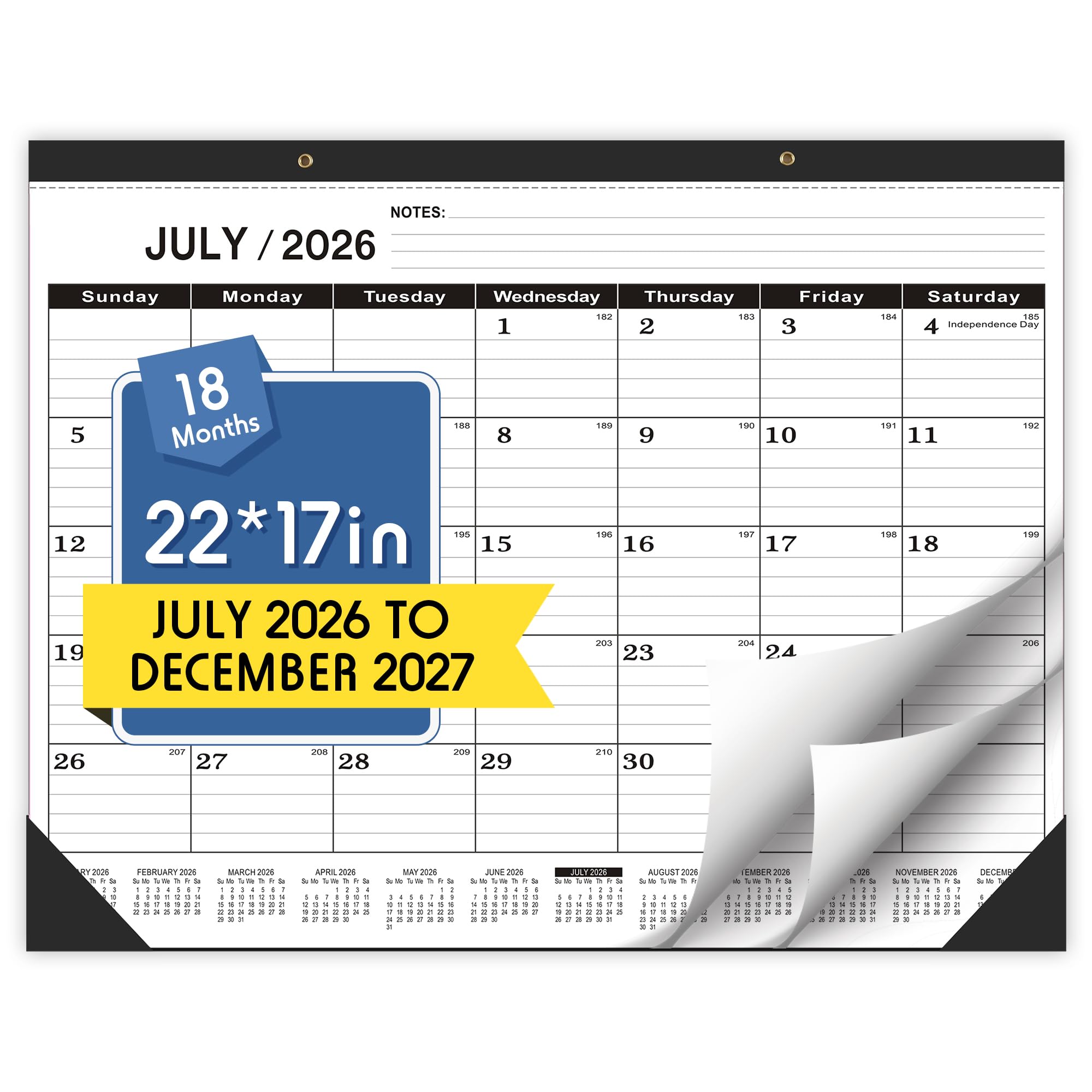 Calendario da tavolo 2024-2025, da luglio 2024 a dicembre 2025, grande calendario da scrivania 2024-2025, calendario per aule 43,2 x 55,9 cm con copertina in PVC, fori rotondi e elenco note (nero)