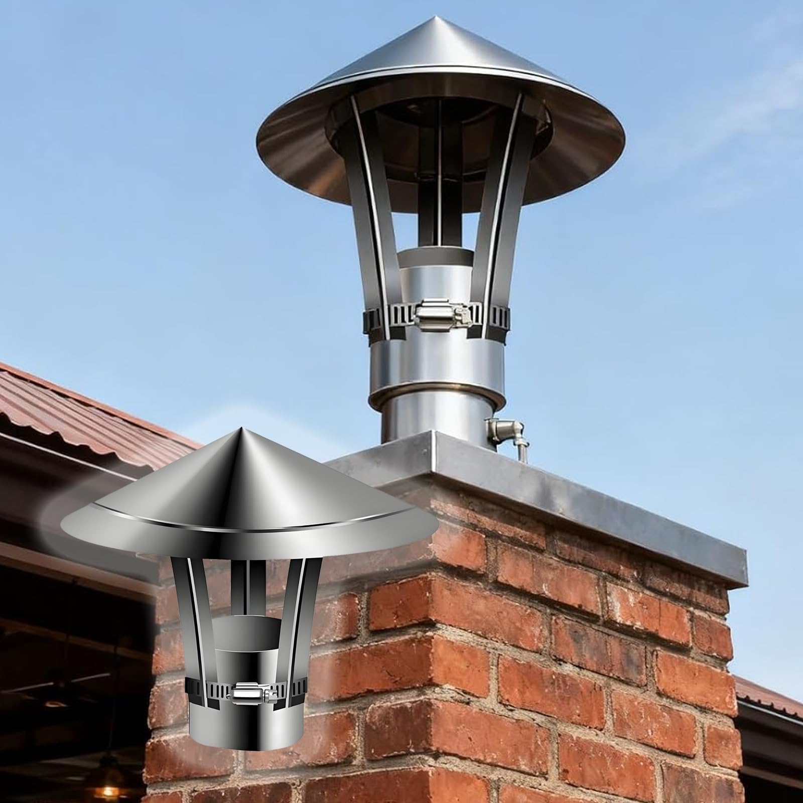 IGNVXMGKP Chimney Caps for Outside, Stainless Steel Chimney Rain Cap, Stove Pipe Vent Cowl, Roof Vent Cover Outside for Fireplace Wood Stove Pipe Topper(140mm/5.5in)