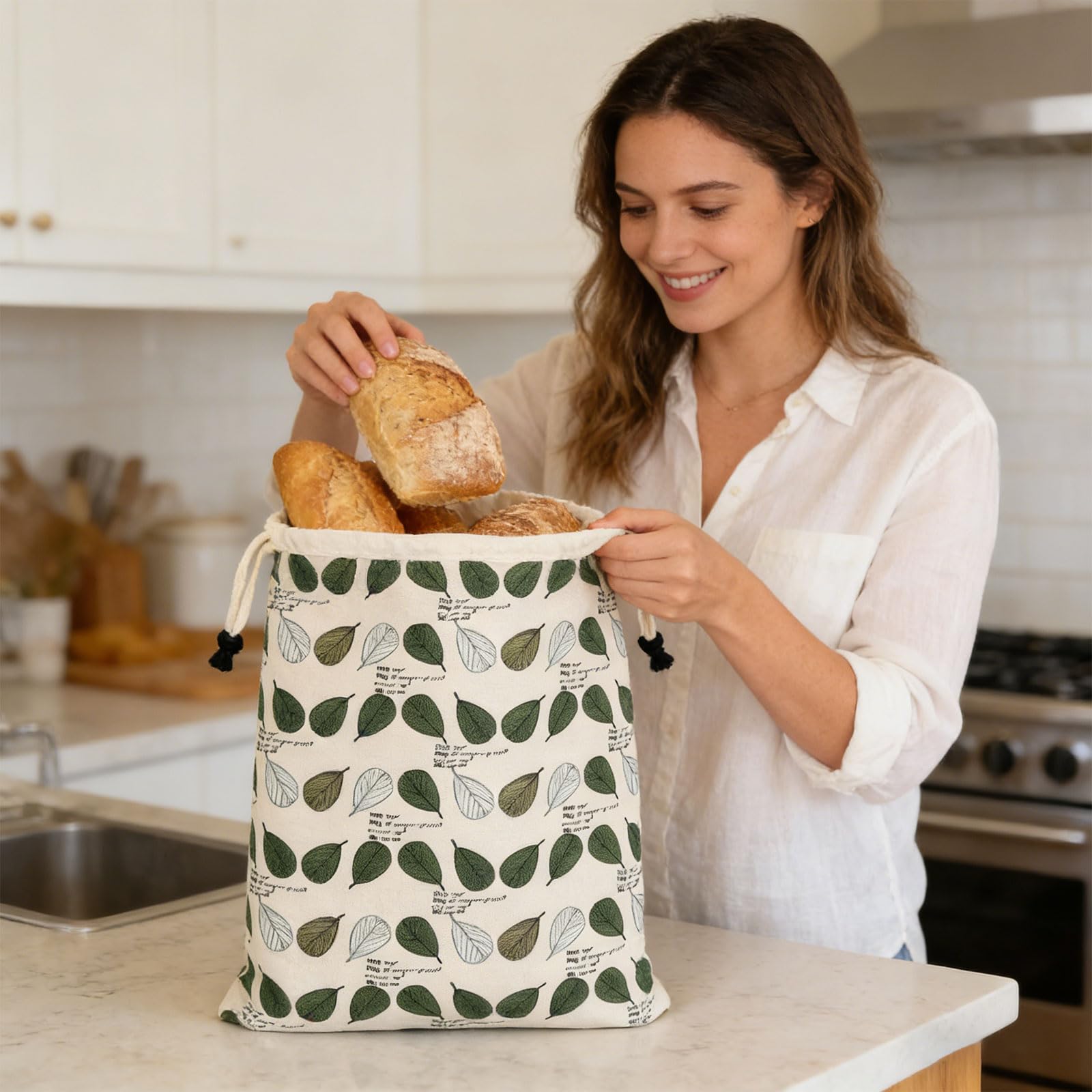 2 bolsas de pan reciclables con sello de tres capas, plan de agujas decorativas, sustancia de algodón lavable, opción sostenible para amas de casa, bolsas estrechas