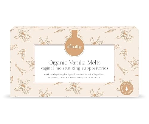 Femallay Supositorio hidratante vaginal de vainilla orgánica para derretir 14 supositorios sellados individualmente + 1 aplicador