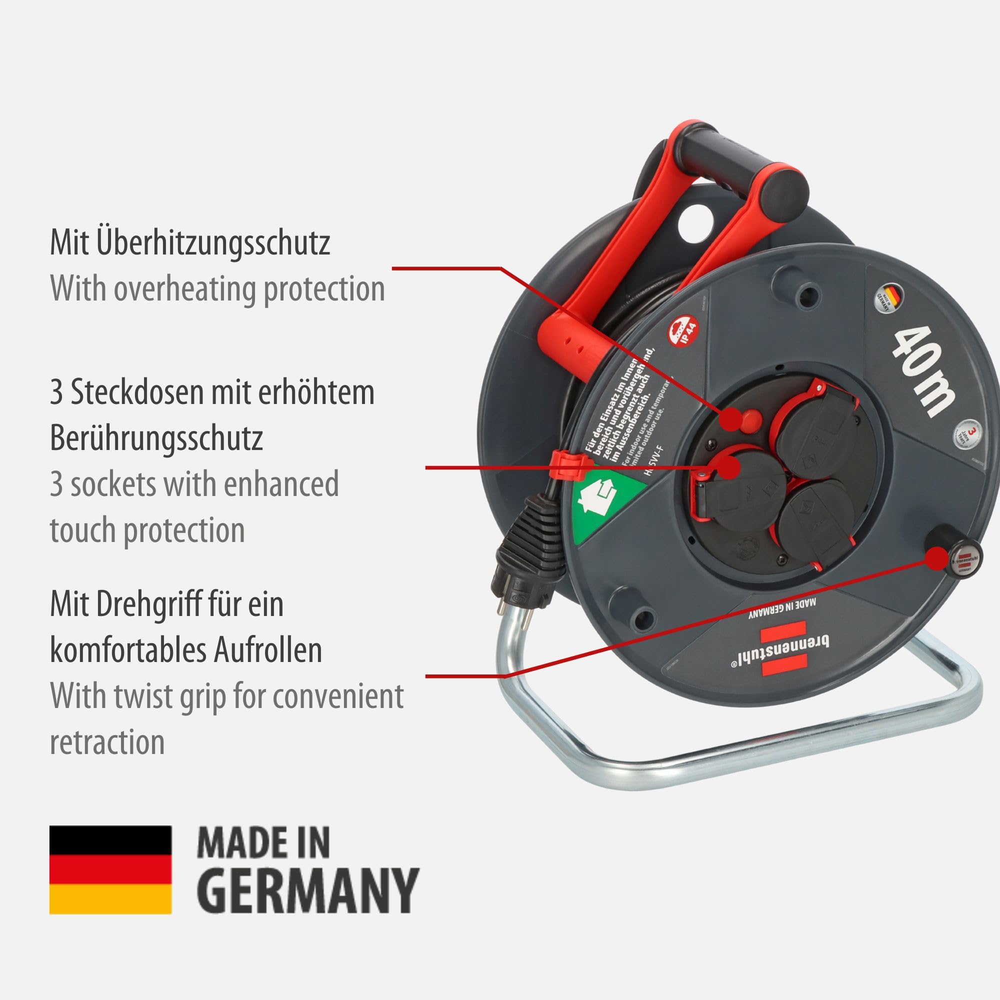 Brennenstuhl Garant V2 IP44 Enrouleur de câble extérieur 40 m (fabriqué en Allemagne, 3 Prises de Courant de sécurité avec Protection de Contact améliorée, Plastique spécial)