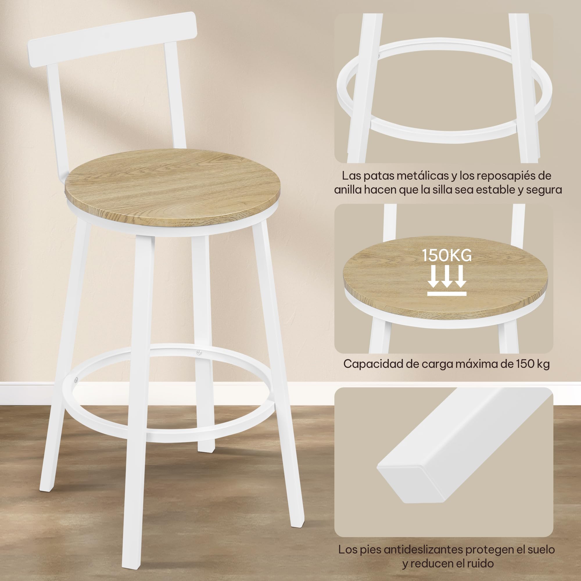 WOLTU Taburetes Bar Juego de 2, Taburetes Altos Cocina con Respaldo Bajo y Reposapiés, para Comedor, Cafeteria, Barra Cocina, Roble Claro