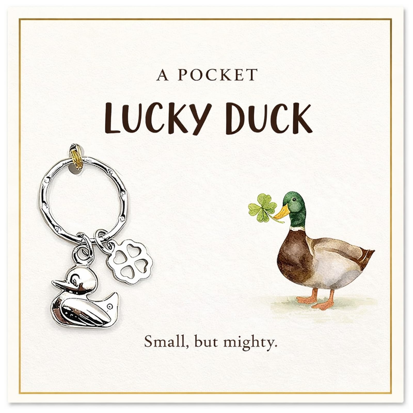 Aikobaa Unisex Green Good Luck Duck Keyring & Card Gift Set – Pocket Lucky Duck With Fourleaf Clover Charm – Encouragement Gift For Exam, New Job, Birthday – Small Gift For Friends Women