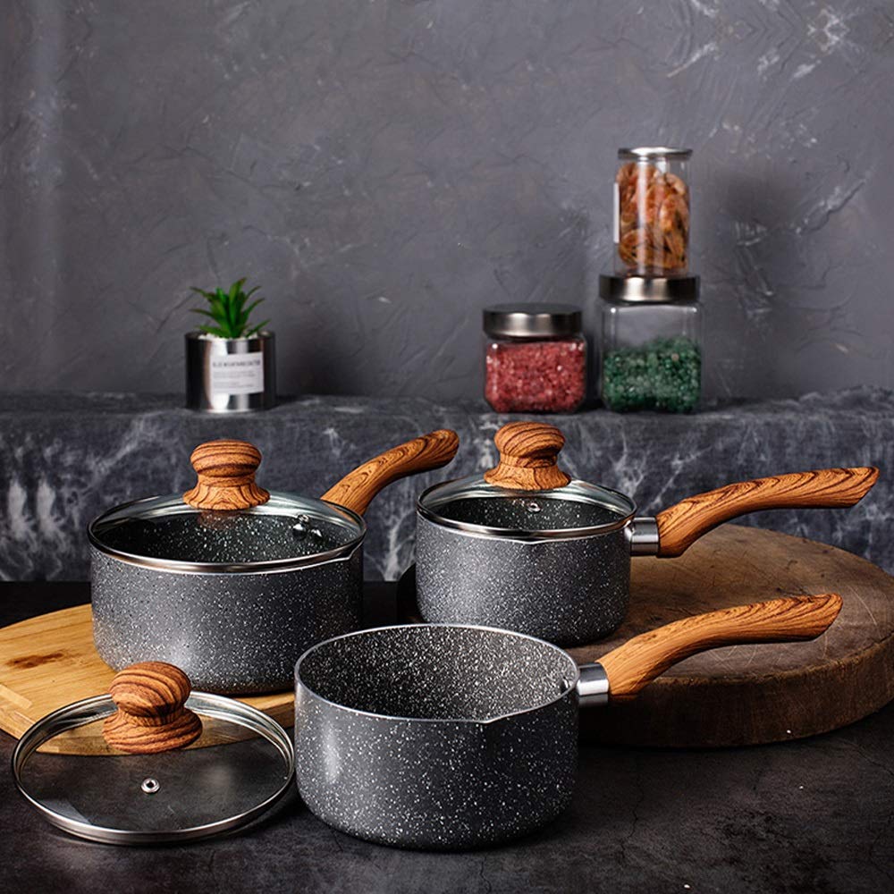 Pentola Piccola per Il Latte, Rivestimento Antiaderente con Coperchio, Manico in bachelite con venature del Legno Vintage, Adatta a Tutti i fornelli, Incluso scaldacaffè a induzione (16 cm)