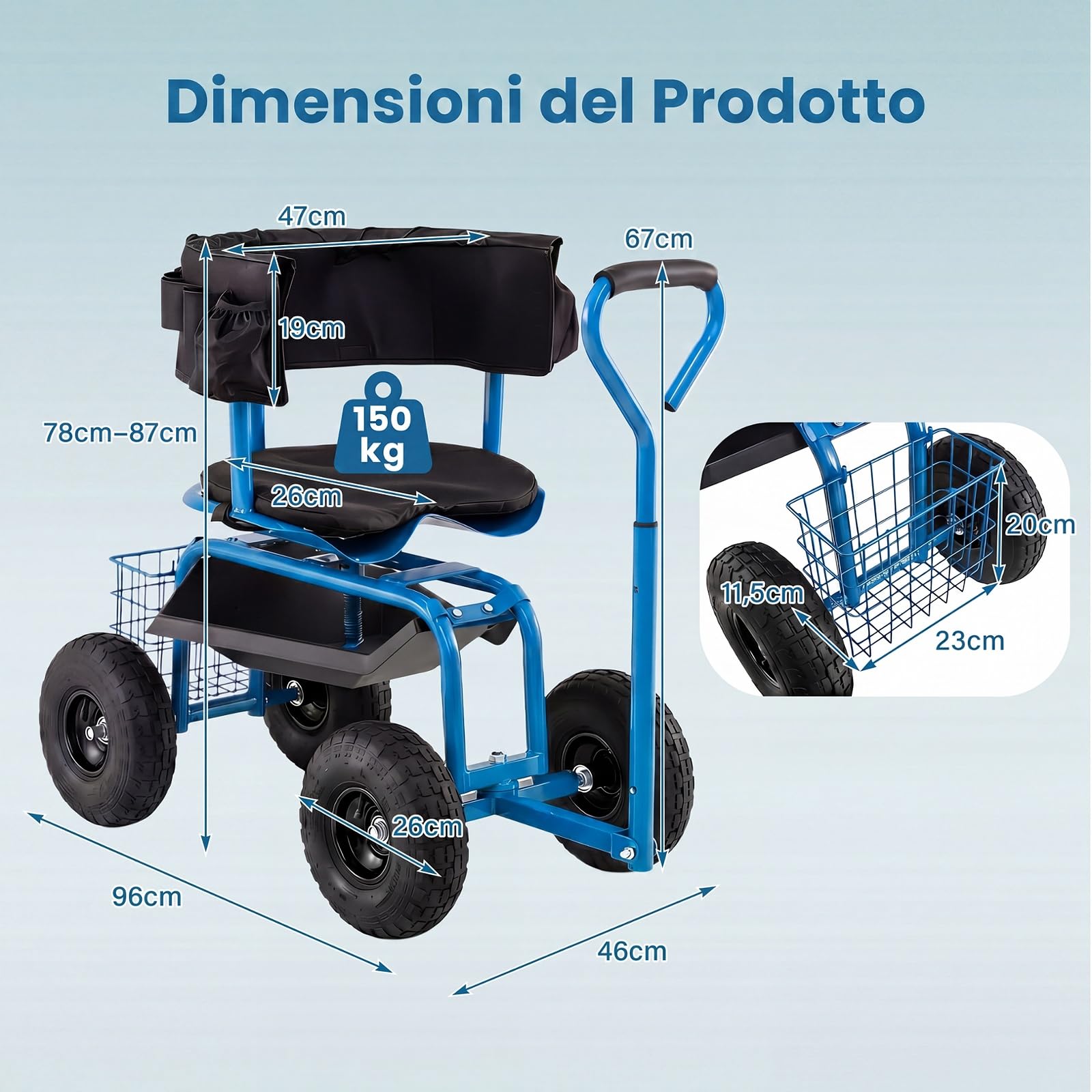 COSTWAY Carrello da Giardino, Sgabello con Ruote Girevole a 360°, Cuscino Imbottito, Schienale, Cestino, Tasca e Vassoio Porta Attrezzi, Carriola da Giardino e Cortile, 96 x 46 x 78-87 cm (Blu)