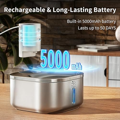 Miniatura 4 de Fuente de agua inalámbrica para gatos de acero inoxidable fuente de agua de 108 oz3.2L para gatos y perros en interiores, fuente de agua para