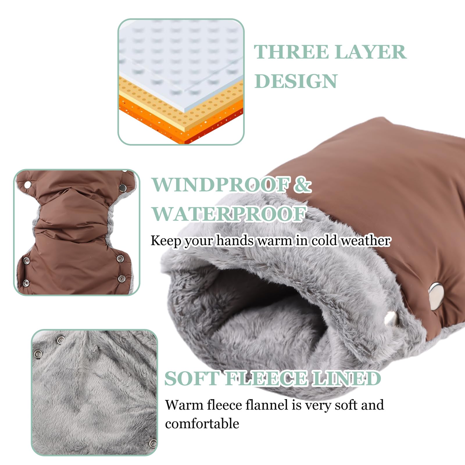 Stroller Hand Muff Windproof Anti-Freeze Pram Hand Warmer Warm Baby Stroller Gloves Pushchair Mittens (Coffee) - Image 3