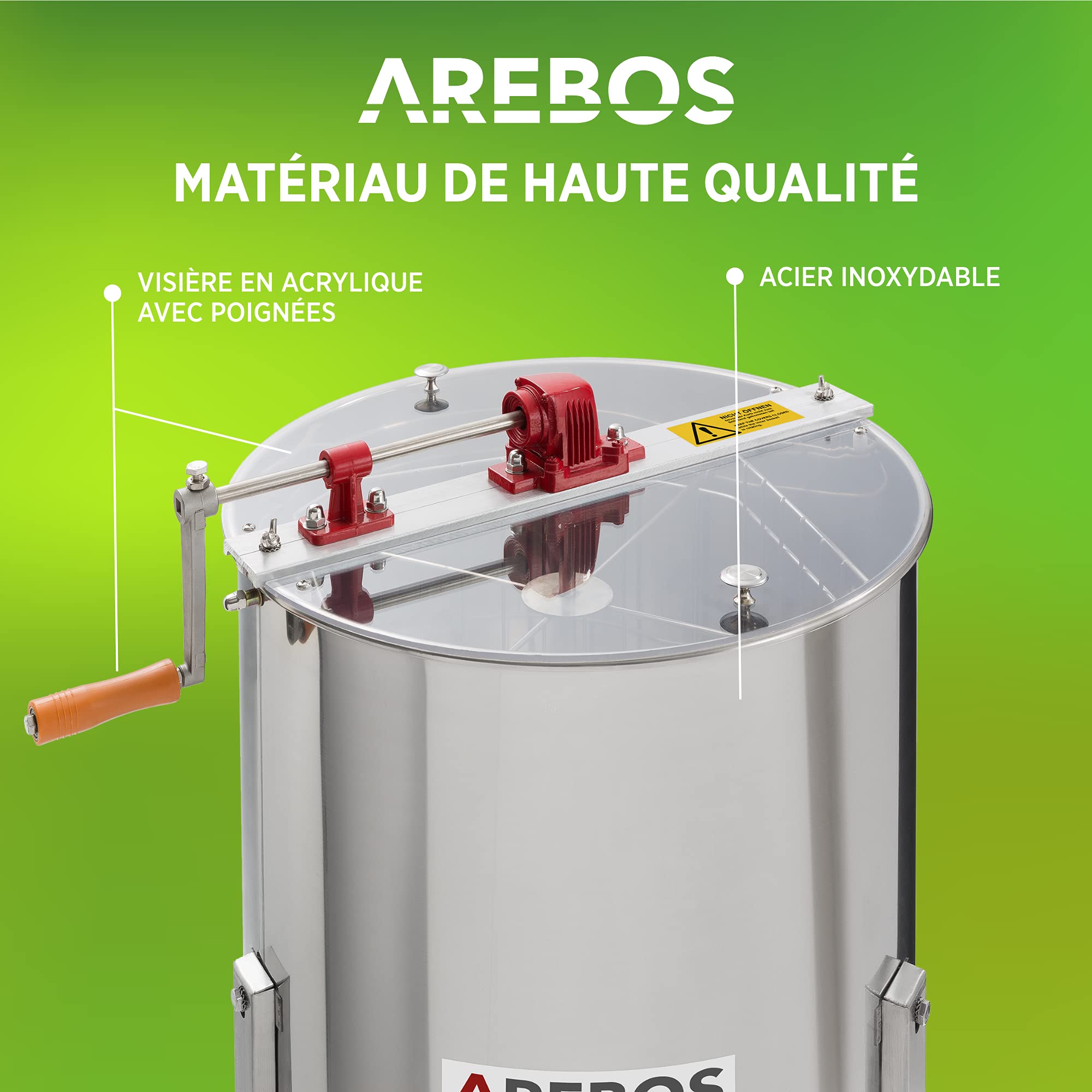 Arebos Extracteur manuel de miel/Extracteur tangentiel | Acier inoxydable | Extracteur 4 rayons | Couvercle anti-éclaboussures | Accessoires apicoles et apiculteurs